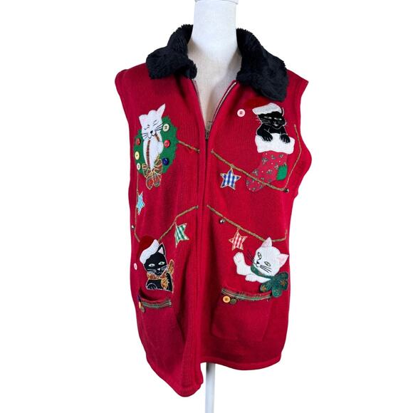 Vintage Studio Joy Red Zip-Up Vest Embroidered Christmas Cats Faux Fur Collar XL - Picture 1 of 10
